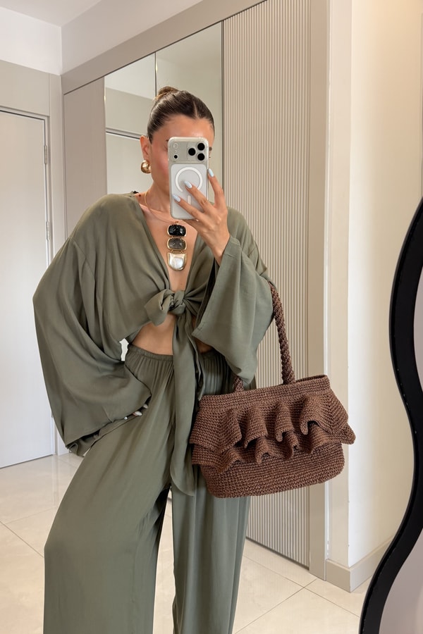 Nuvira Haki Bağlamalı Kimono Pantolon Takım