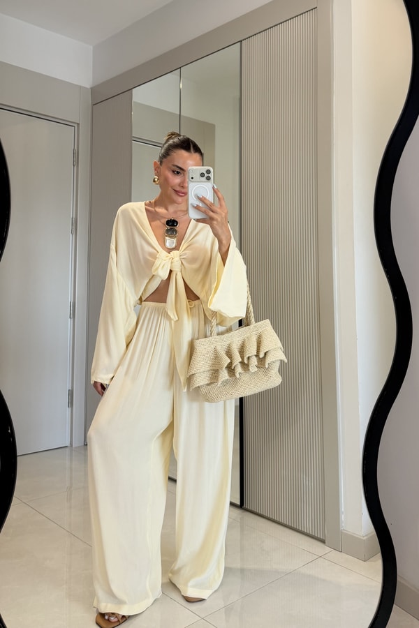 Nuvira Sarı Bağlamalı Kimono Pantolon Takım