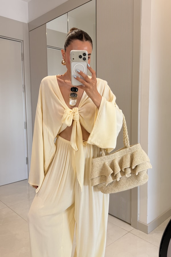 Nuvira Sarı Bağlamalı Kimono Pantolon Takım