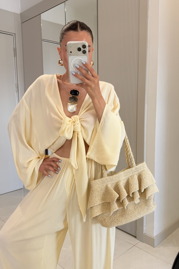 Nuvira Sarı Bağlamalı Kimono Pantolon Takım
