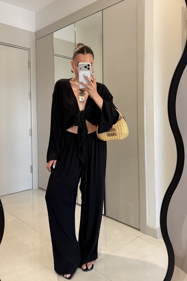Nuvira Siyah Bağlamalı Kimono Pantolon Takım