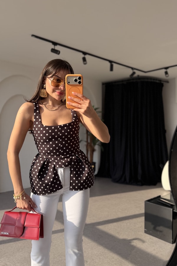 Russie Siyah Puantiyeli Peplum Bluz