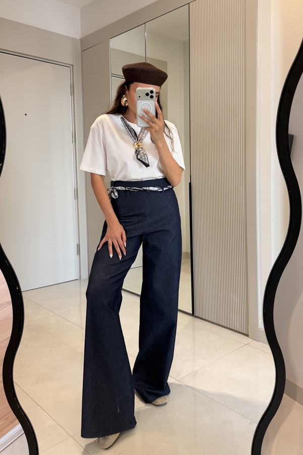 Sacha Lacivert Denim Kemerli Palazzo Pantolon