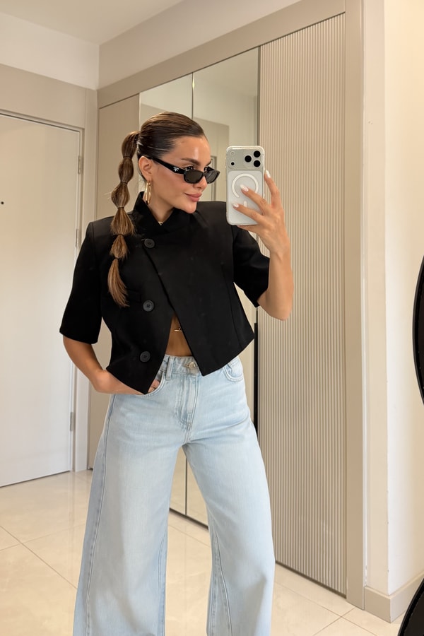 Salerno Siyah Dik Yaka Crop Blazer Ceket