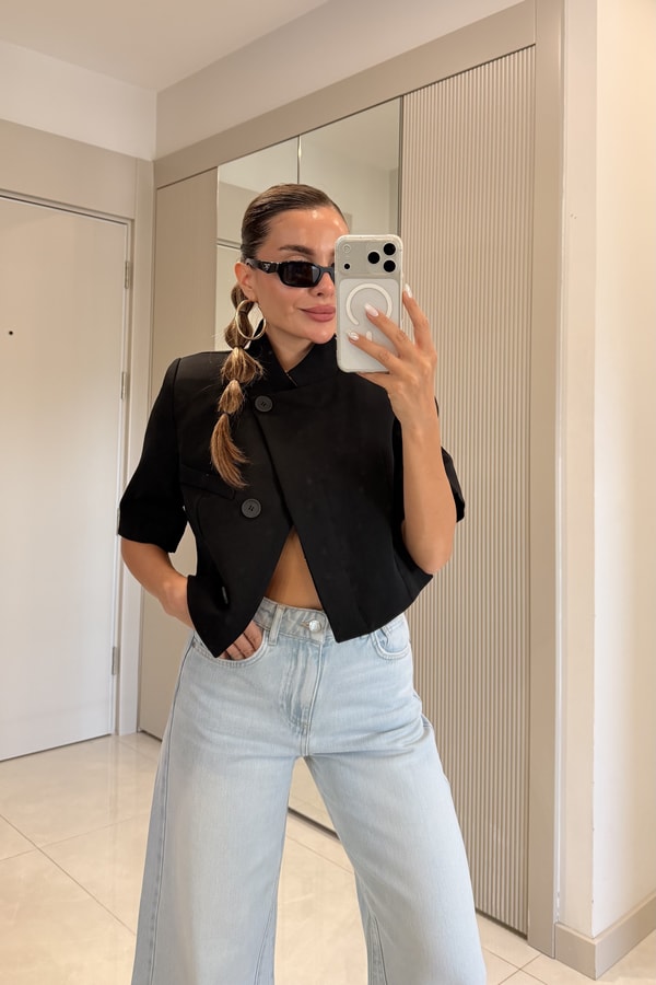 Salerno Siyah Dik Yaka Crop Blazer Ceket