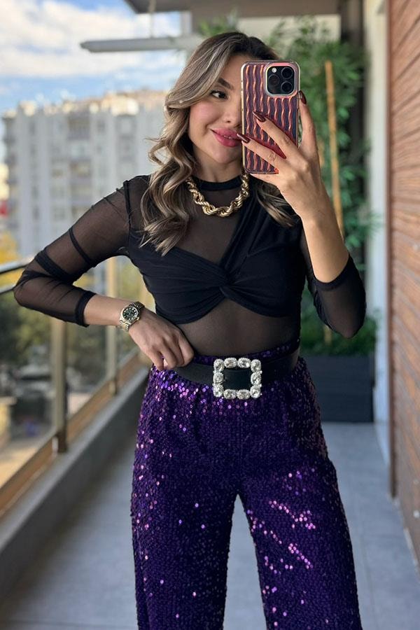 Salvaje Göğüs Detaylı Tül Bluz