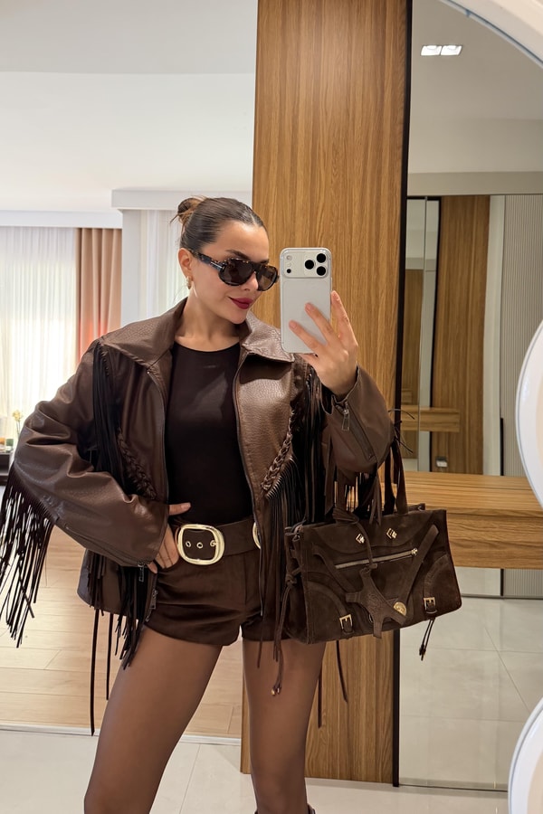 Salvio Kahve Püsküllü Premium Deri Ceket