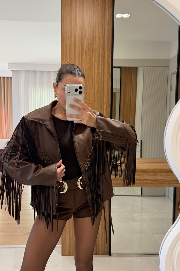 Salvio Kahve Püsküllü Premium Deri Ceket