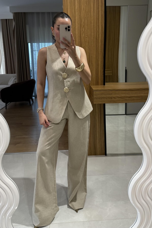 Samantha Natural Gold Düğmeli Keten Takım