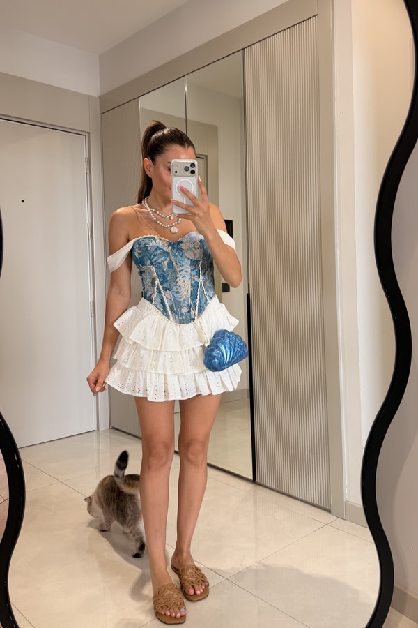 Samira Mavi Dantel Detaylı Desenli Korse Büstiyer
