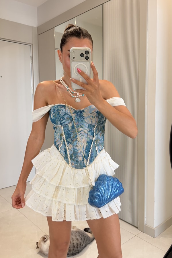 Samira Mavi Dantel Detaylı Desenli Korse Büstiyer