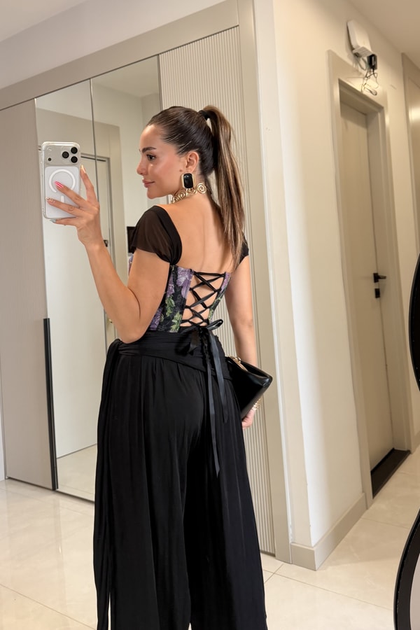 Samira Mor Dantel Detaylı Desenli Korse Büstiyer