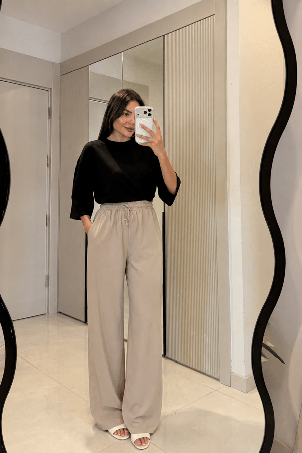 Sandra Krem Beli Büzgülü Pantolon