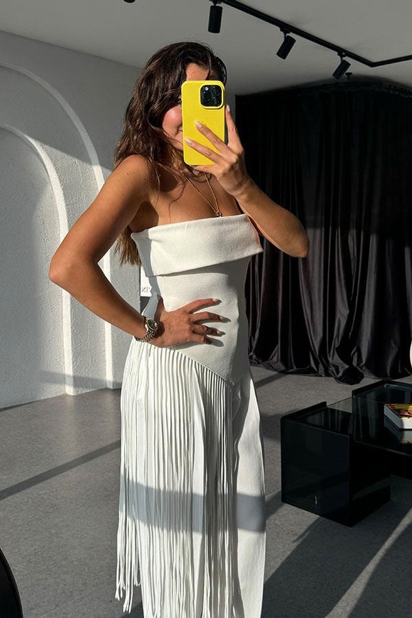 Sandy Straplez Verev Püsküllü Crop-Beyaz