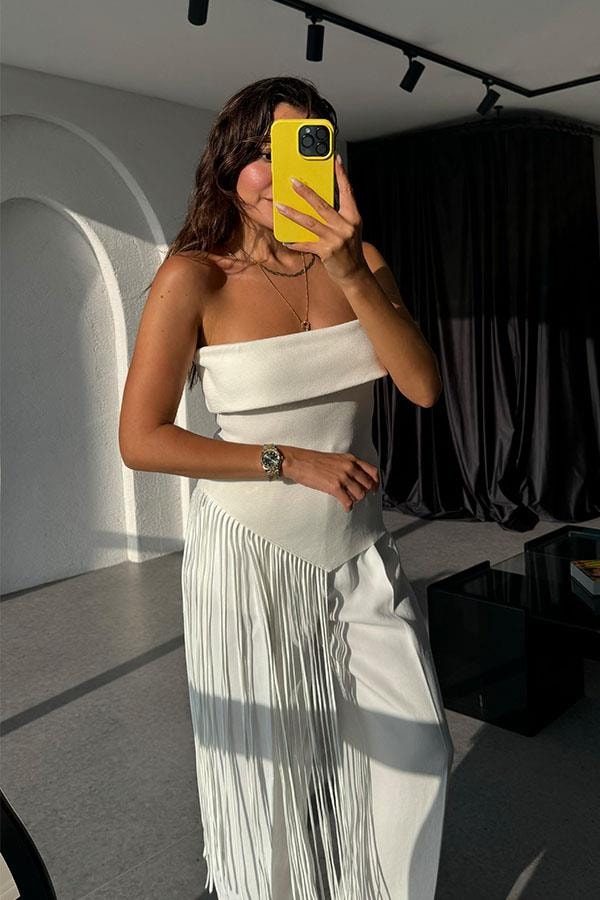 Sandy Straplez Verev Püsküllü Crop-Beyaz