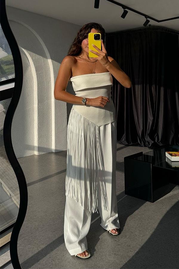 Sandy Straplez Verev Püsküllü Crop-Beyaz