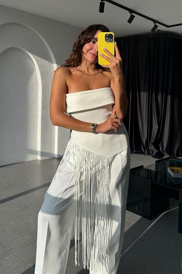 Sandy Straplez Verev Püsküllü Crop-Beyaz