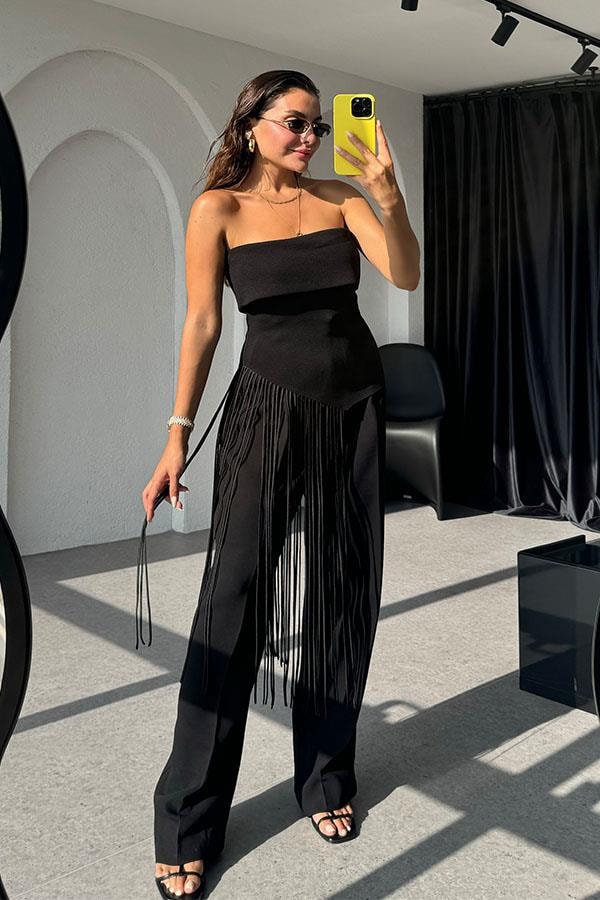 Sandy Straplez Verev Püsküllü Crop-Siyah