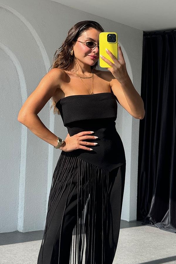 Sandy Straplez Verev Püsküllü Crop-Siyah