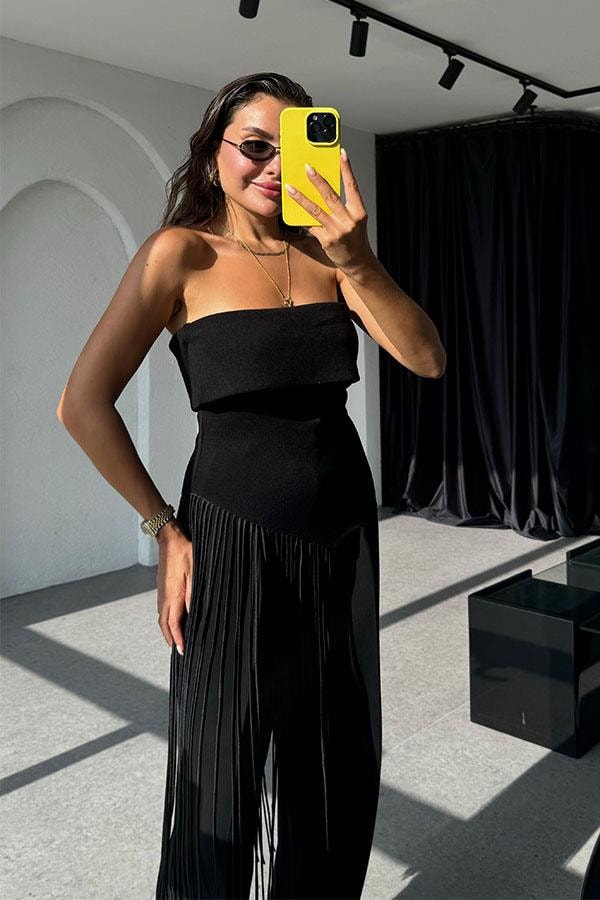 Sandy Straplez Verev Püsküllü Crop-Siyah