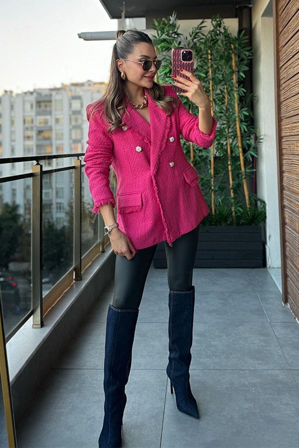 Santoli Püskül Detaylı Tüvit Blazer Ceket - Fuşya 