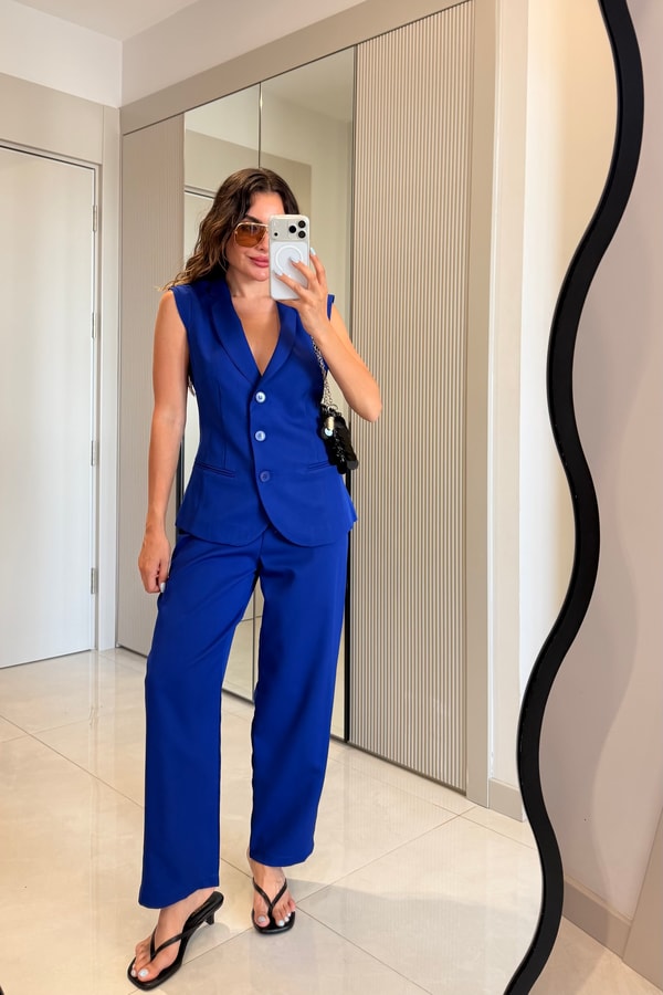 Santos Saks Mavi Yelek Pantolon Takım