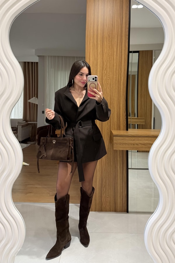 Sasha Acı Kahve Kemerli Premium Blazer Ceket
