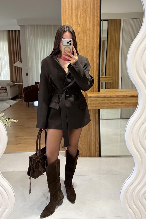 Sasha Acı Kahve Kemerli Premium Blazer Ceket
