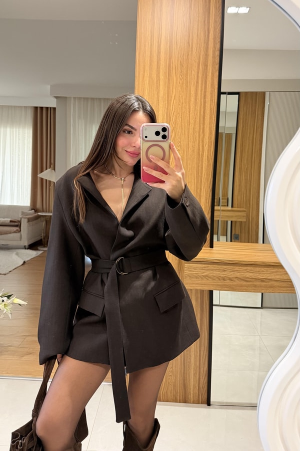 Sasha Acı Kahve Kemerli Premium Blazer Ceket