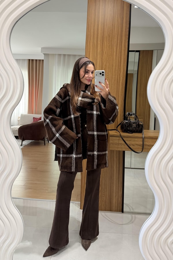 Scarf Kahve Kendinden Atkılı Triko Ceket 