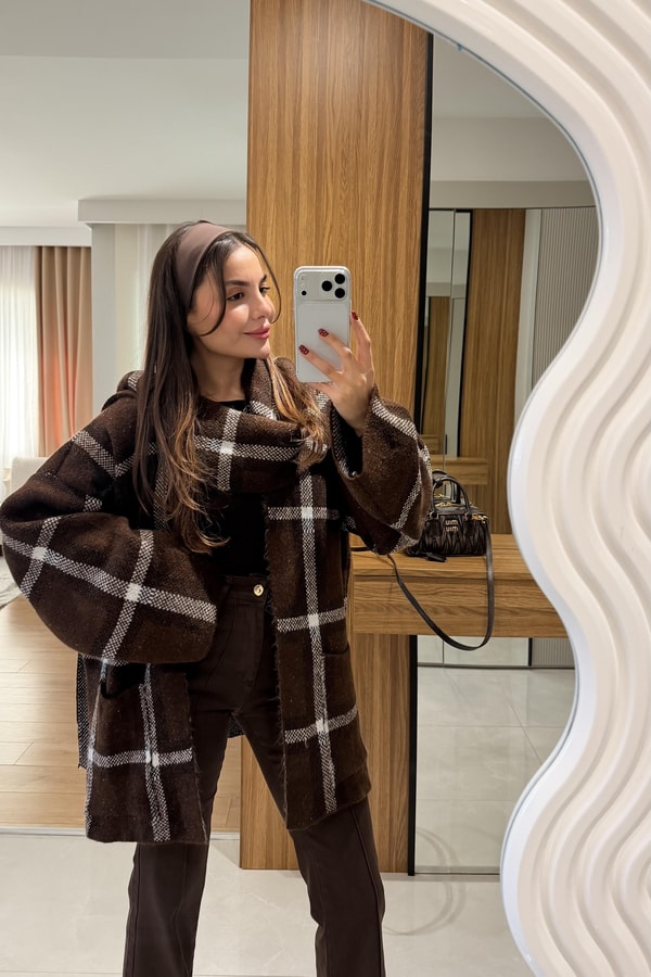 Scarf Kahve Kendinden Atkılı Triko Ceket 