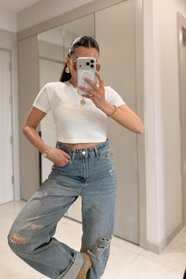Seize Beyaz Basic Slim Fit Crop Bluz