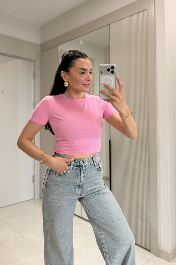 Seize Pembe Basic Slim Fit Crop Bluz