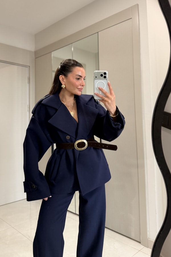 Self Lacivert Kemerli Premium Trenç