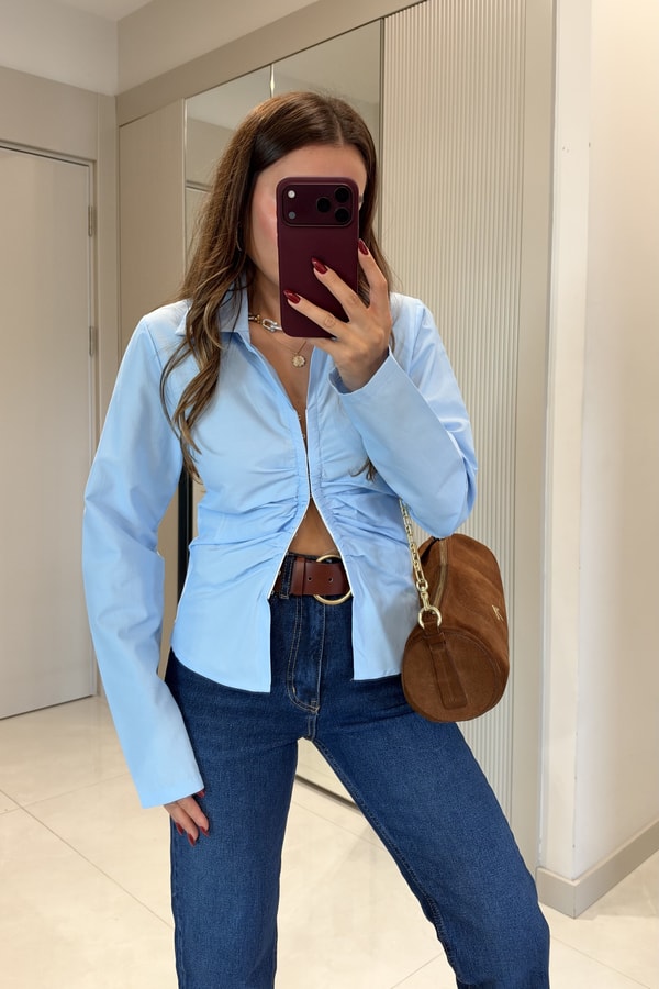 Semina Bebe Mavi Önü Büzgülü Gömlek