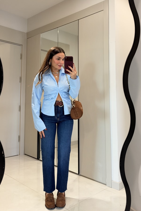 Semina Bebe Mavi Önü Büzgülü Gömlek