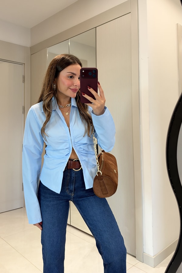 Semina Bebe Mavi Önü Büzgülü Gömlek