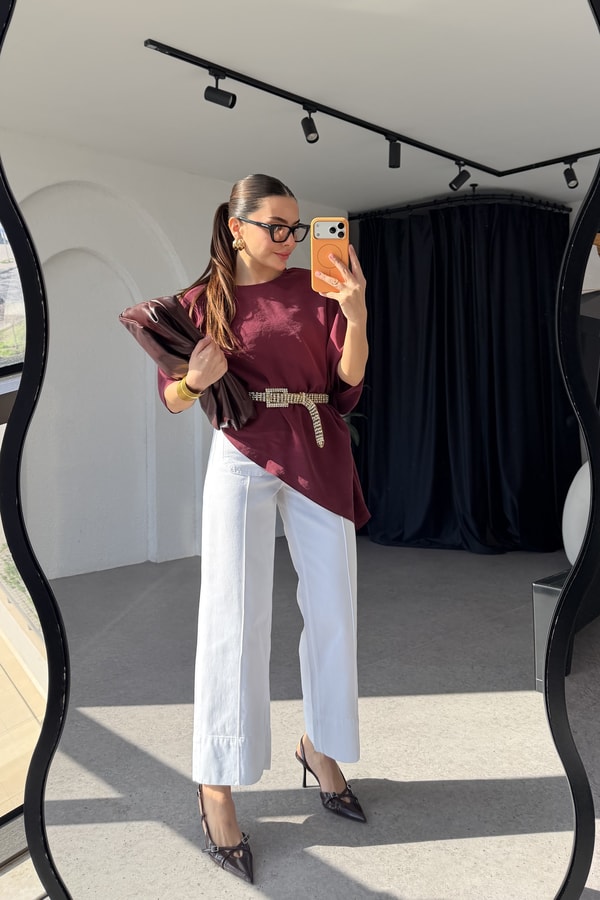 Sendy Bordo Asimetrik Kesim Tencel Bluz