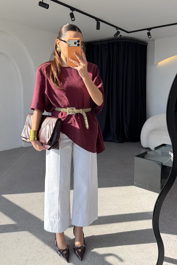 Sendy Bordo Asimetrik Kesim Tencel Bluz