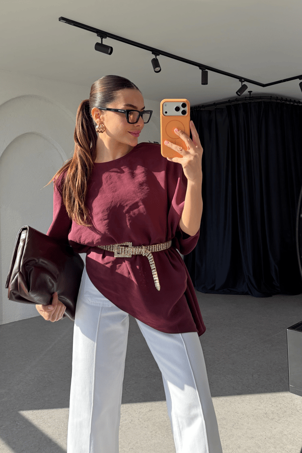 Sendy Bordo Asimetrik Kesim Tencel Bluz