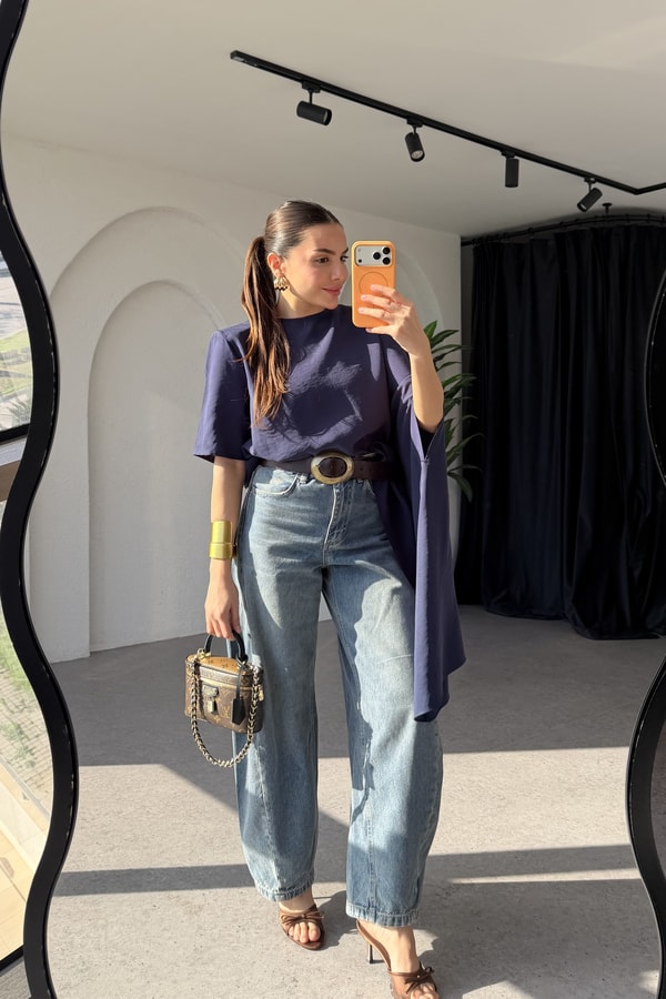 Sendy Lacivert Asimetrik Kesim Tencel Bluz