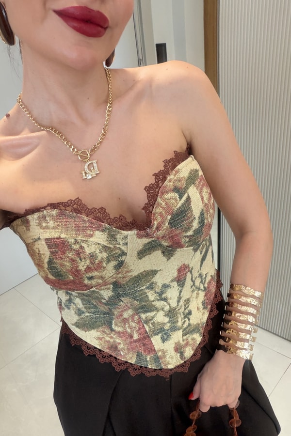 Senita Kahve Vintage Çiçek Desen Korse Büstiyer