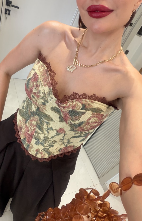 Senita Kahve Vintage Çiçek Desen Korse Büstiyer