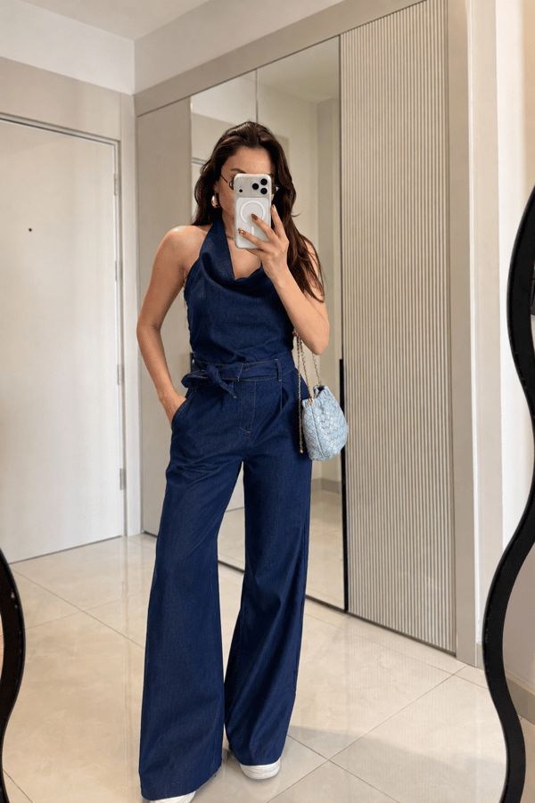 Serenza Denim Sırt Dekolteli Kuşaklı Tulum