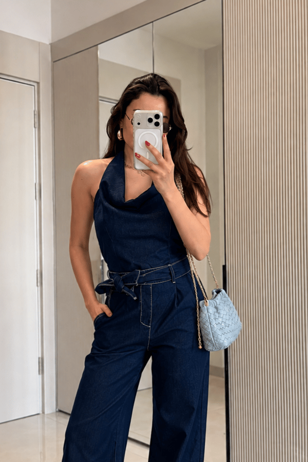 Serenza Denim Sırt Dekolteli Kuşaklı Tulum