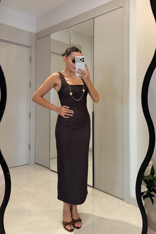 Serilda Kahve Denim Kare Yaka Kalem Elbise