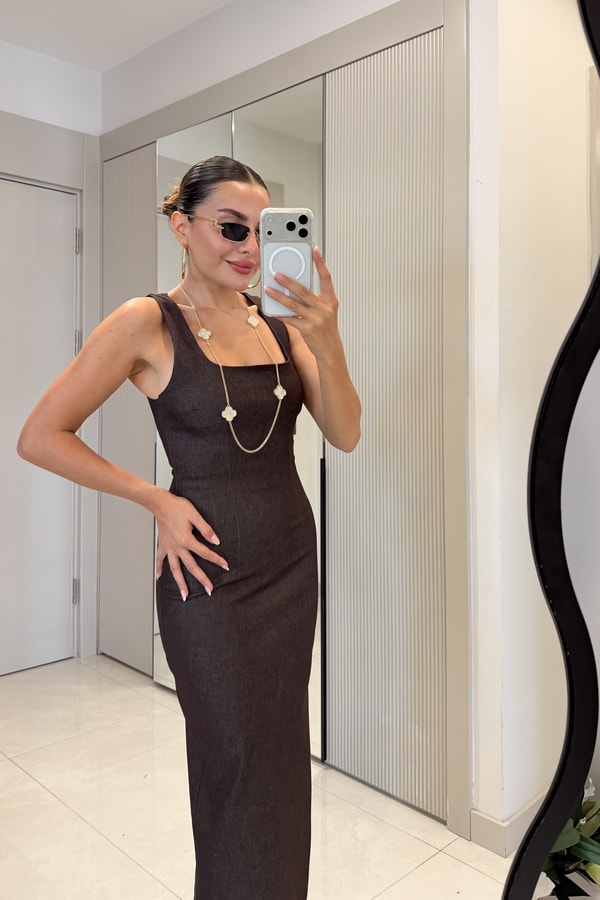 Serilda Kahve Denim Kare Yaka Kalem Elbise