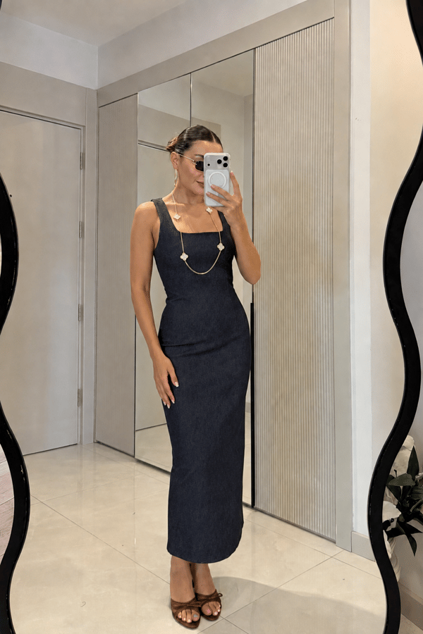 Serilda Lacivert Denim Kare Yaka Kalem Elbise