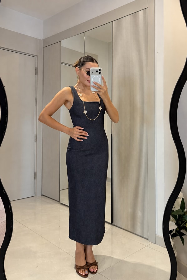 Serilda Lacivert Denim Kare Yaka Kalem Elbise