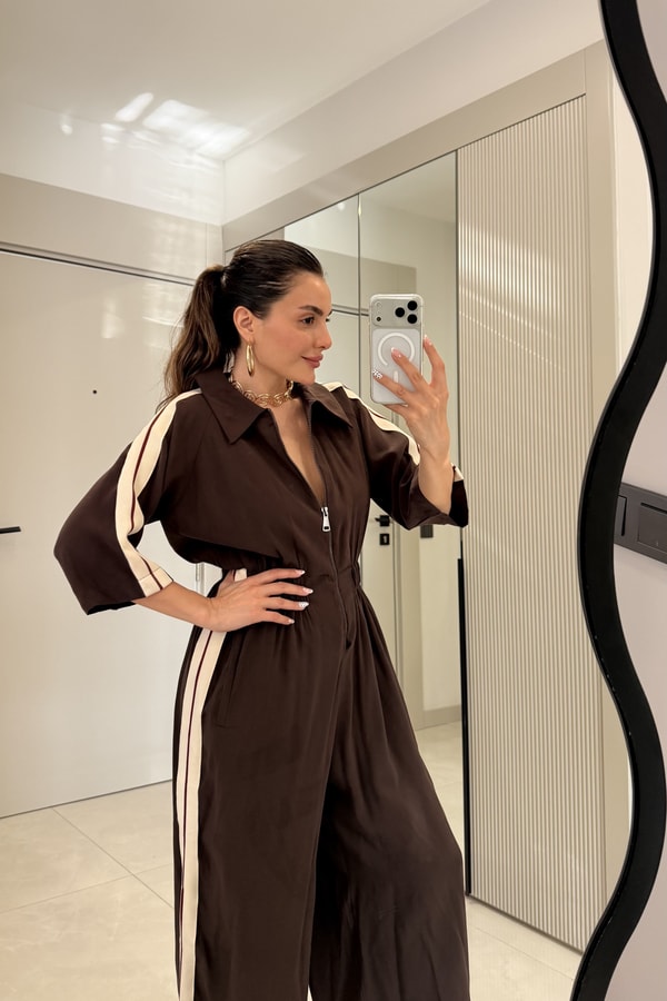 Seul Kahve Şeritli Tensel Tulum